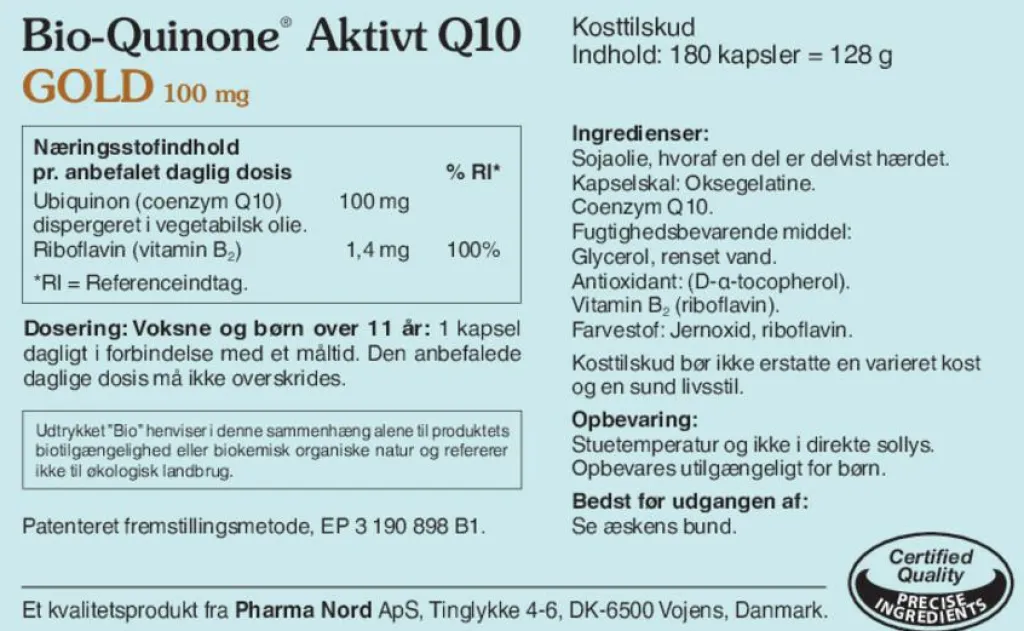 Pharma Nord Ingredienser>Bio-Quinone Aktivt Q10 Gold 100 mg